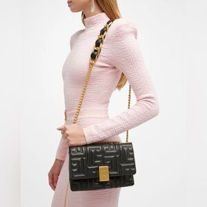 Balmain 1945 Soft Gold Chain Shoulder Bag in Monogram Black Quilted Leather.